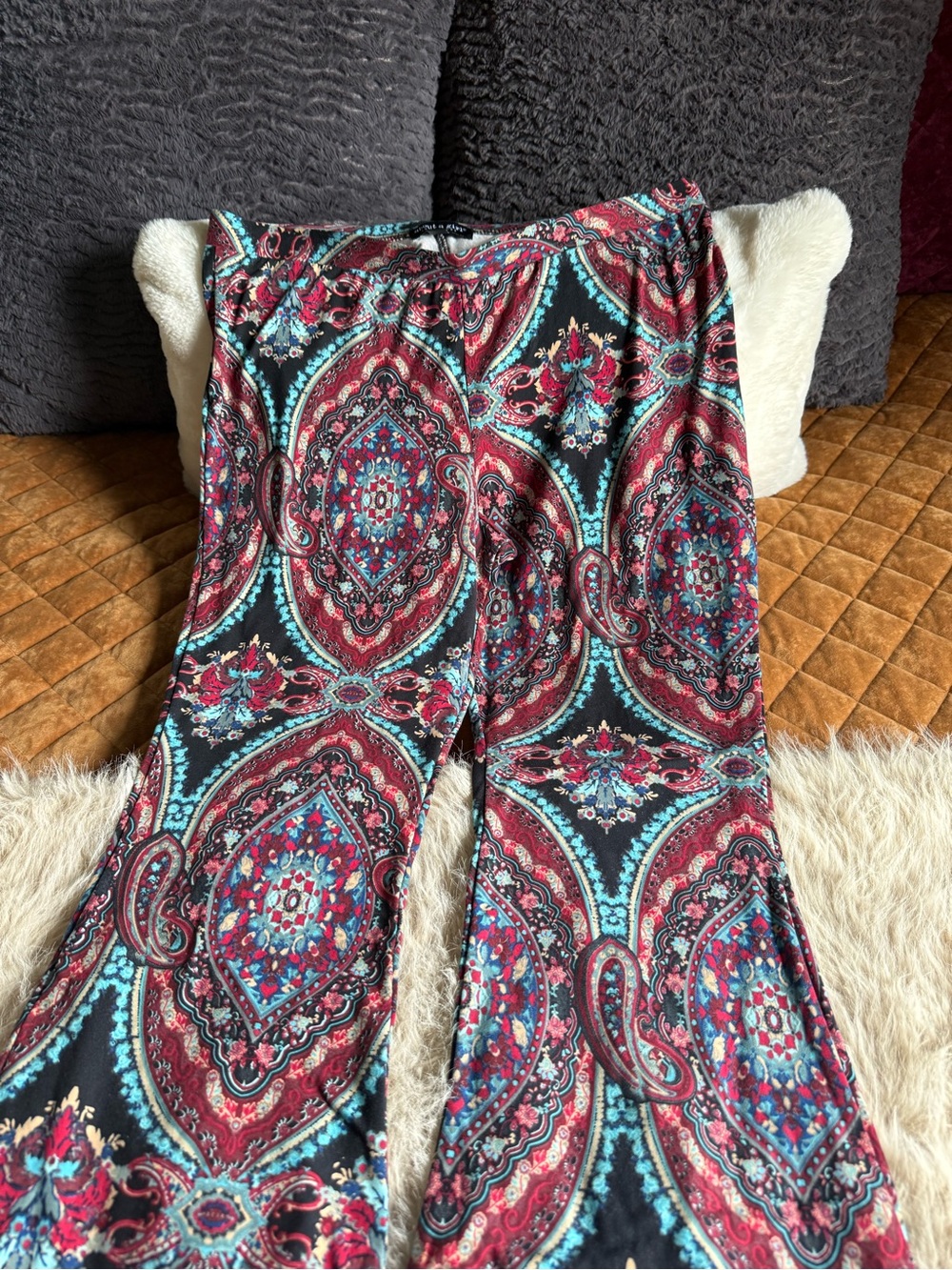 About A Girl Paisley Print Wide Leg Pants - Black, Teal & Burgundy